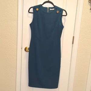 Calvin Klein Midi Dress. Dark Teal w/ Gold Detail Buttons and Zipper Back Size 6